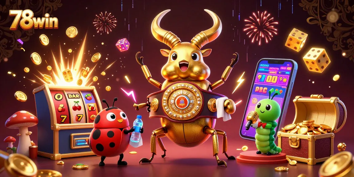 Unleash fun with 78win's vibrant 3D illustration of a golden beetle in a casino showdown.