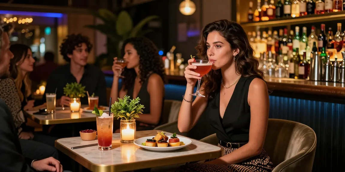Người phụ nữ thưởng thức cocktail tại quán bar sang trọng, tạo không khí vui vẻ cho gái gọi.