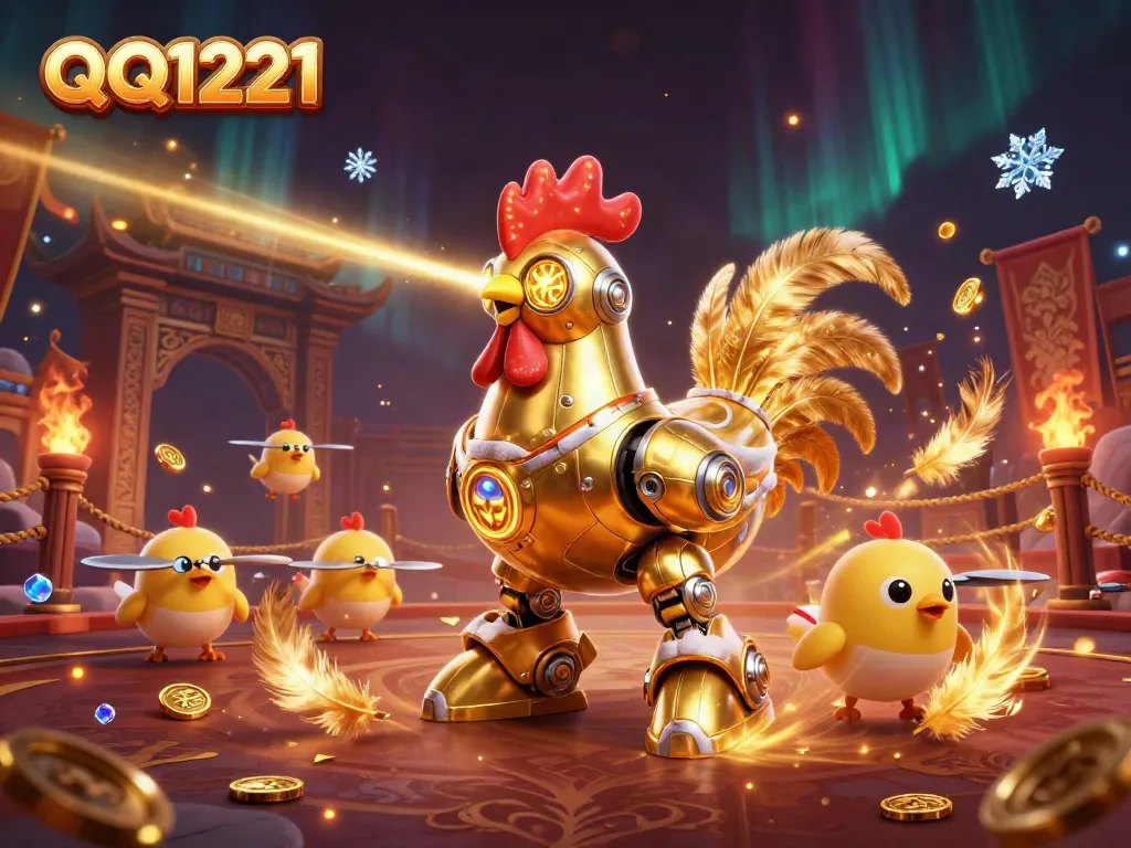 Engage with QQ1221's thrilling gaming experience featuring a unique golden rooster robot in action.