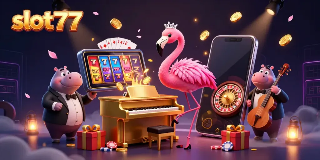 Play engaging slot777 games with lively characters in a colorful casino scene.