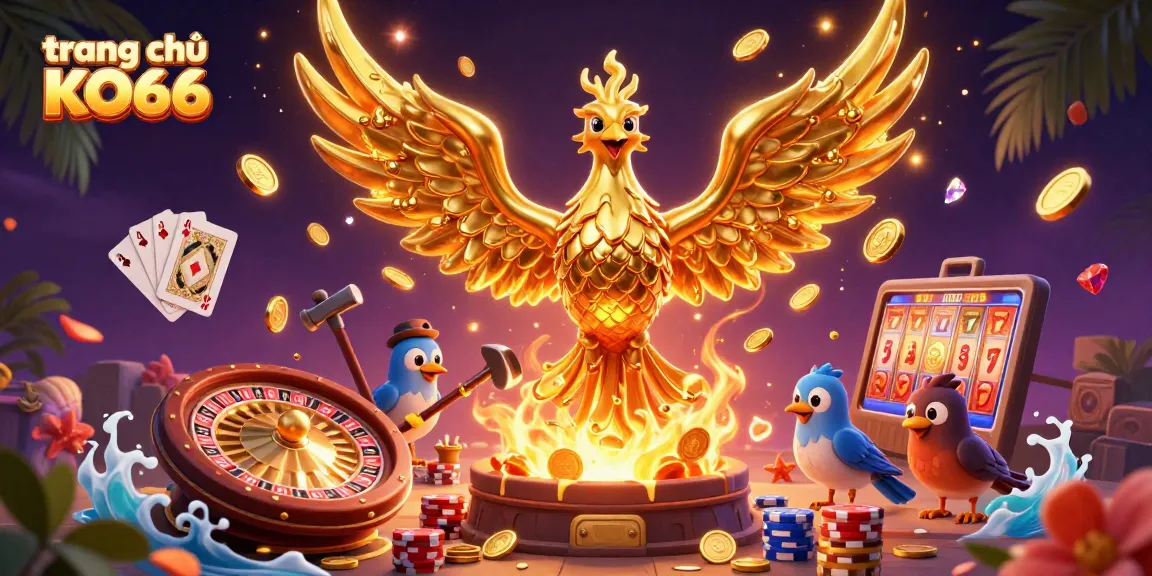 Experience the excitement of trang chủ KO66 with vibrant casino elements in a dynamic 3D illustration.