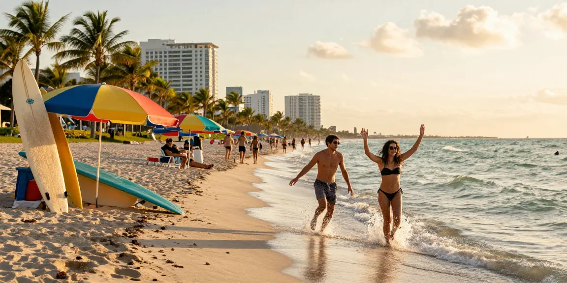 Teman menikmati pantai Miami dengan ombak dan payung berwarna, https://miami4d.com/ sebagai destinasi petualangan