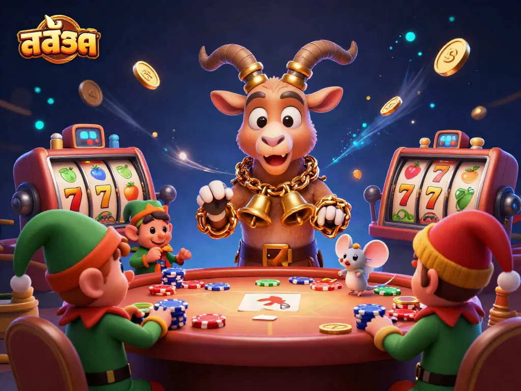 เกมสล็อตที่ครึกครึมในคาสิโนแห่งหนึ่งมีสล็อตและเหรียญทองลอยอยู่