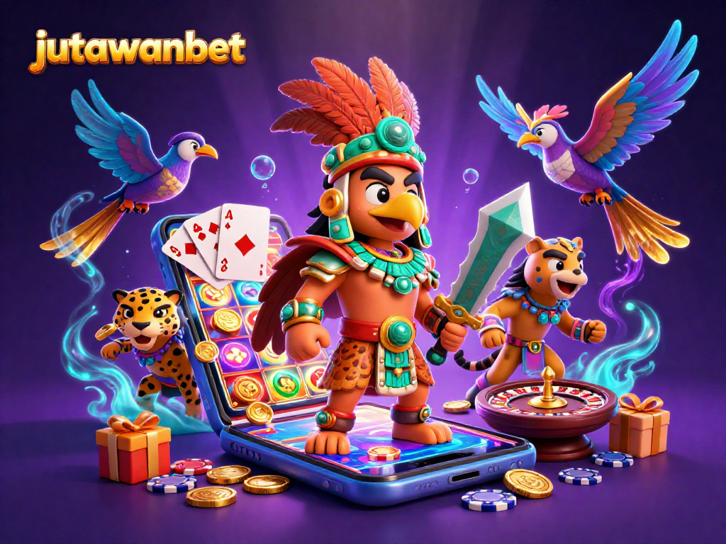 Experience exciting slot action with Jutawanbet's vibrant 3D illustrations of gameplay elements and characters.
