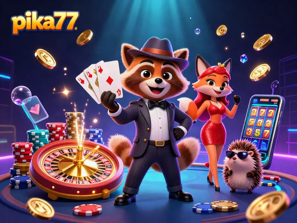 Engage with thrilling casino moments at pika77 featuring a charming raccoon and fox.