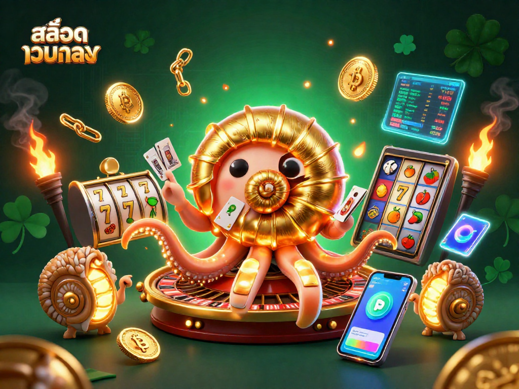 Play at สล็อตเว็บตรง with a vibrant 3D scene featuring a nautilus roulette wheel and crypto coins.