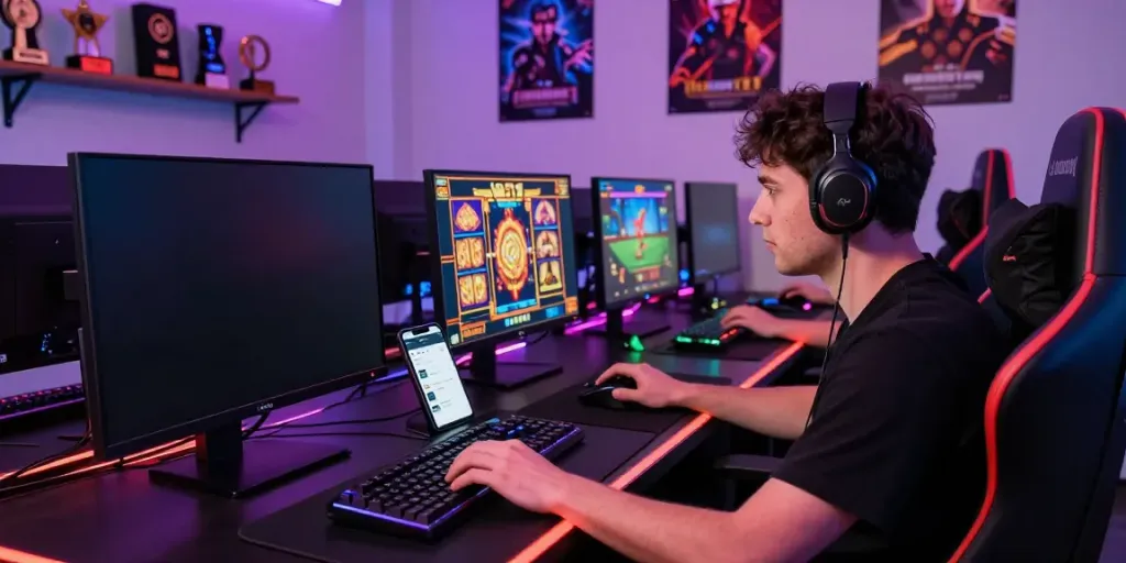 Online gaming setup showcasing luxury111 interface with vibrant lighting and multiple monitors.