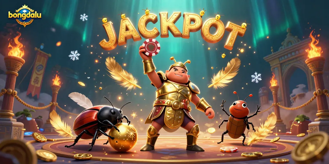 Engage with bongdalu's vibrant casino world featuring a victorious beetle champion amidst stunning gambling elements.