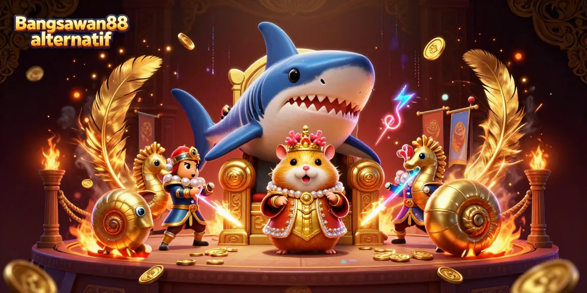Bangsawan88 alternatif showcases a golden hamster king in a dynamic casino scene filled with excitement.