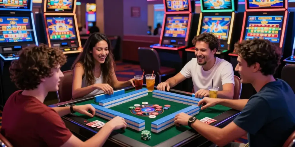 Permainan Mahjong Ways 2 di kasino dengan pemain yang menikmati suasana, simbol mahjong, dan mesin slot berwarna cerah.