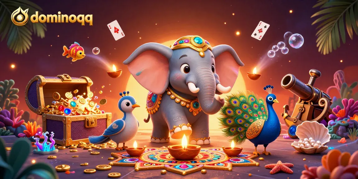 Play exciting dominoqq games surrounded by colorful elements, gold coins, and festive characters