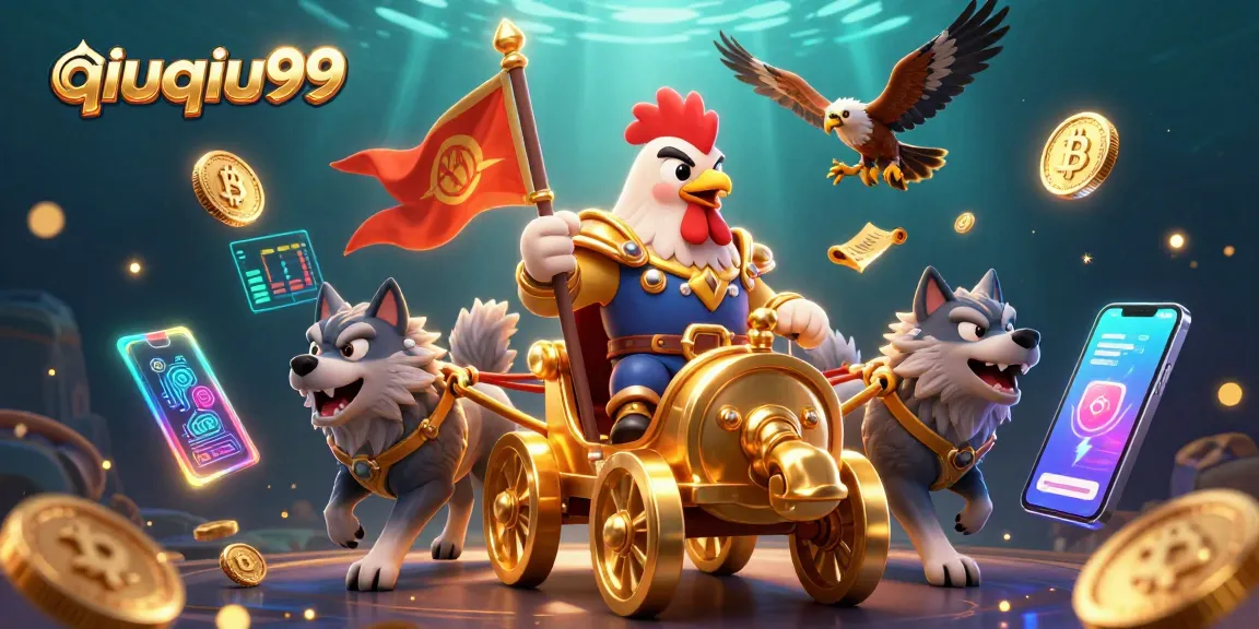 Join the battle for riches with qiuqiu99, featuring epic characters and crypto elements in a vibrant scene.