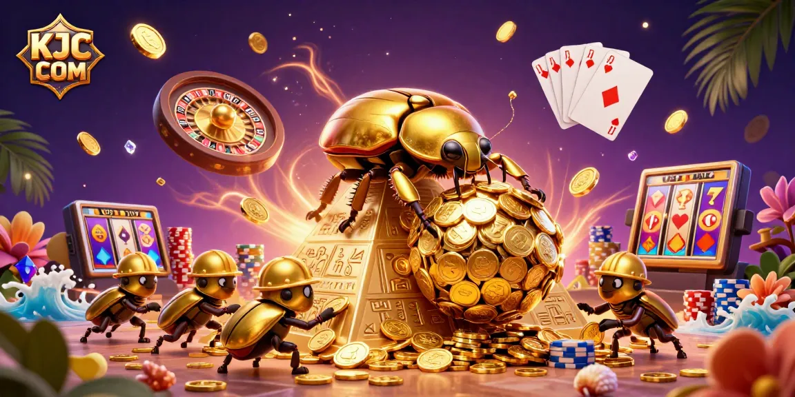 KJC COM showcases a vibrant gaming universe with a golden beetle rolling coins in a dynamic casino scene.