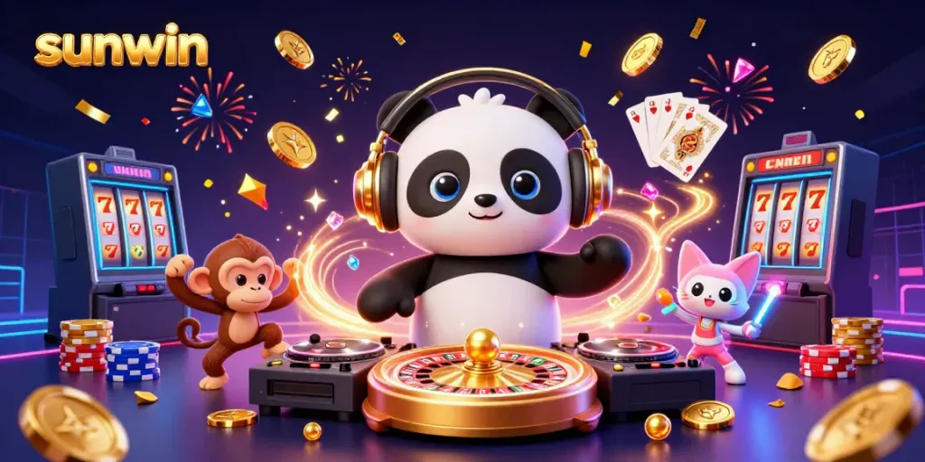 Join the fun at sunwin with an electrifying DJ panda spinning roulette while celebrating gamers.
