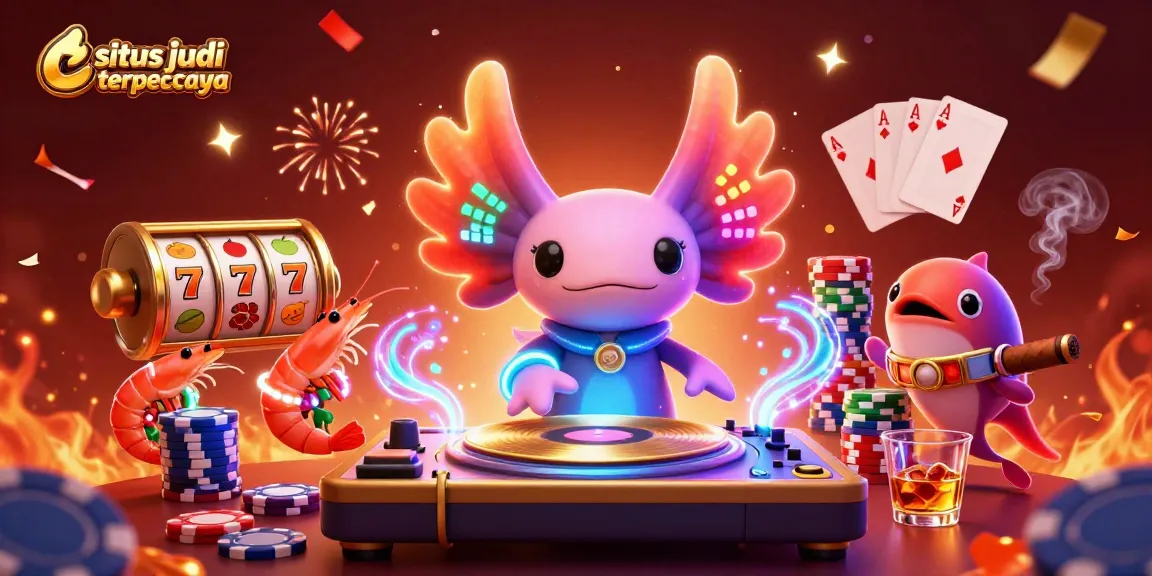 Menggambarkan situs judi online terpercaya dengan karakter DJ axolotl neon yang beratraksi di tengah slot mesin, memberi keseruan bermain slot.