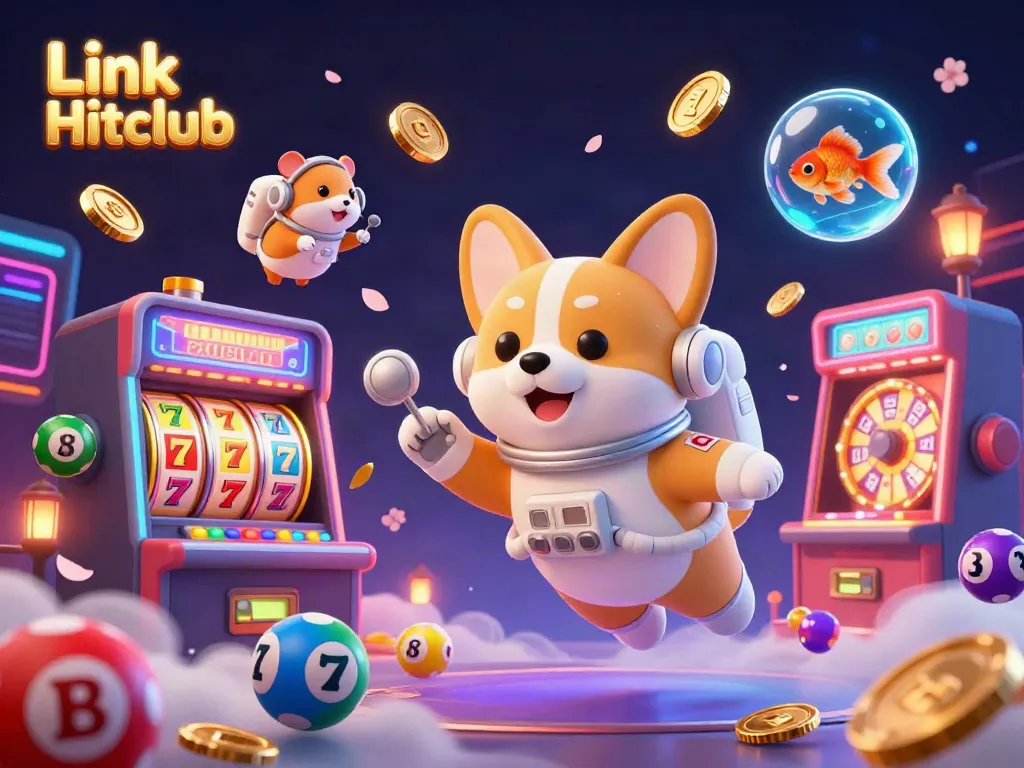 Experience exciting gameplay with Link Hitclub in a vibrant casino setting, showcasing animated slot machines, lottery balls, and dynamic gaming elements.