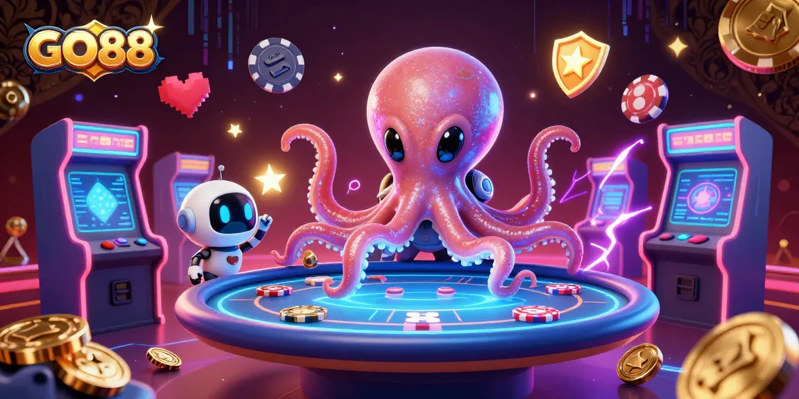 Join the excitement at GO88 with an alien octopus managing a holographic poker table surrounded by vibrant casino elements.