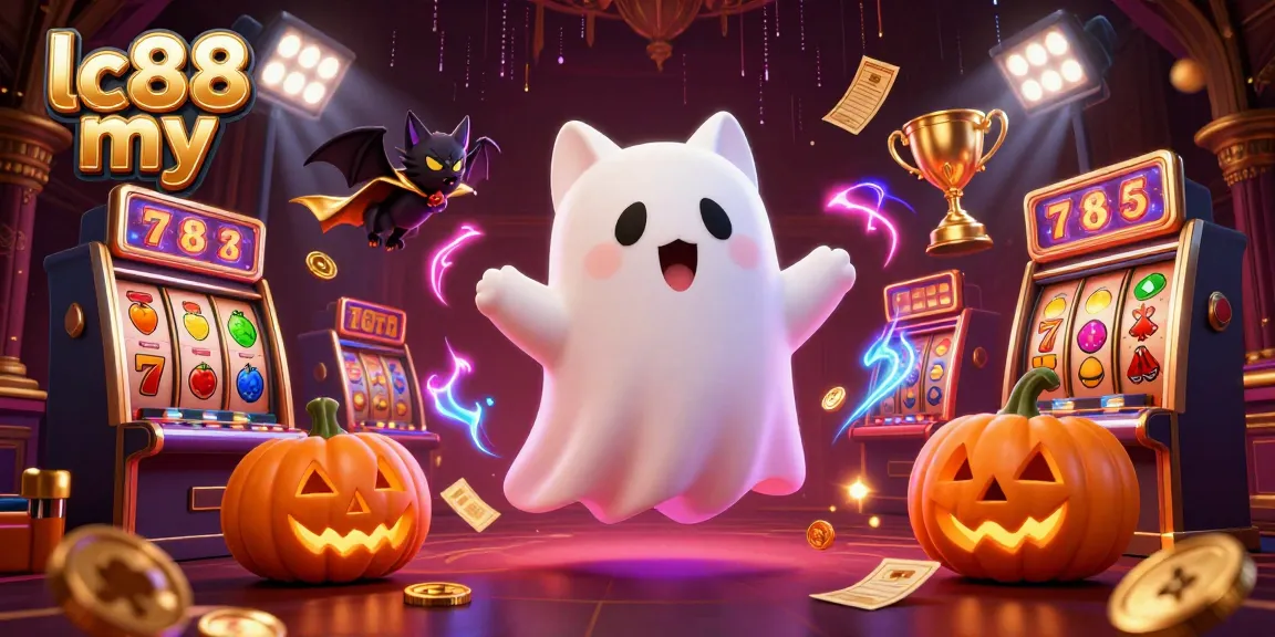 Play and win at lc88 my with the ghost cat in an exciting casino scene, featuring vibrant elements and floating jackpots.