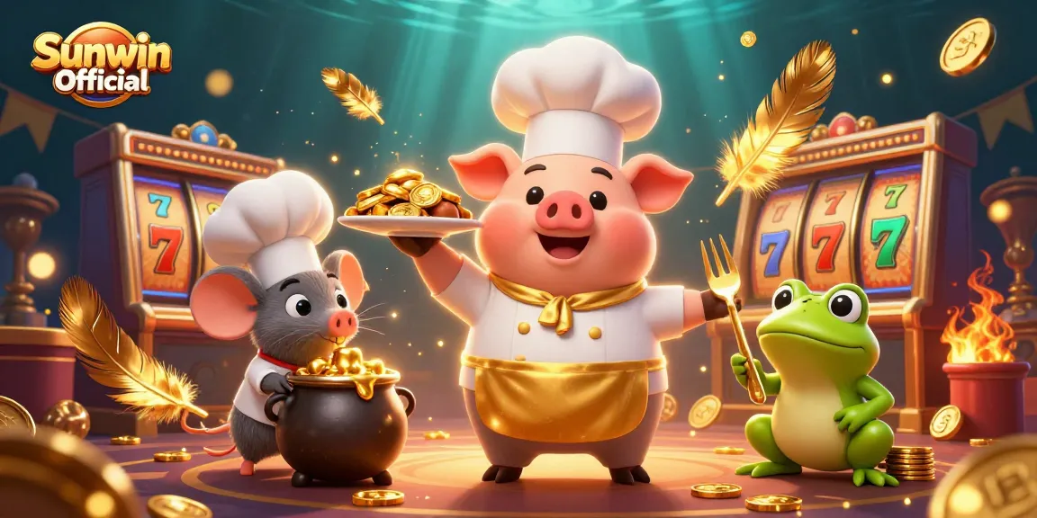 Join Sunwin Official in this vibrant casino scene with whimsical characters and gold coins.