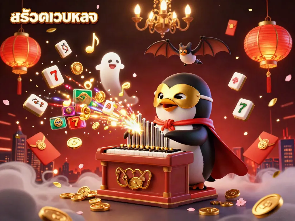 Experience thrilling สล็อตเว็บตรง action with a penguin organist surrounded by vibrant casino elements.