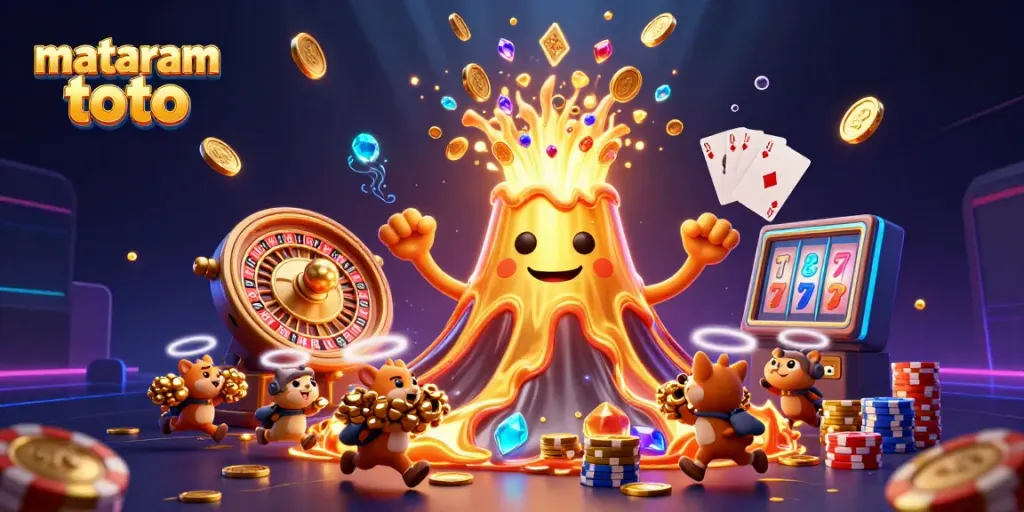Experience the thrill of mataram toto with a triumphant golden volcano and treasures flying in this dynamic casino scene.