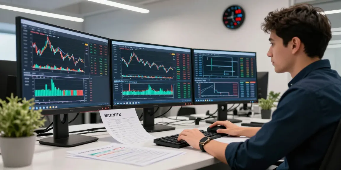 Отзыв о Bitmex: трейдер анализирует данные на нескольких мониторах в современном офисе.