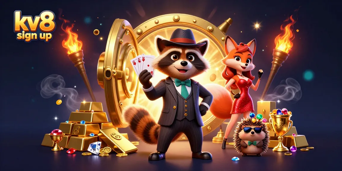 Join the fun at kv8 sign up for exciting games and huge wins with our animated casino illustration.