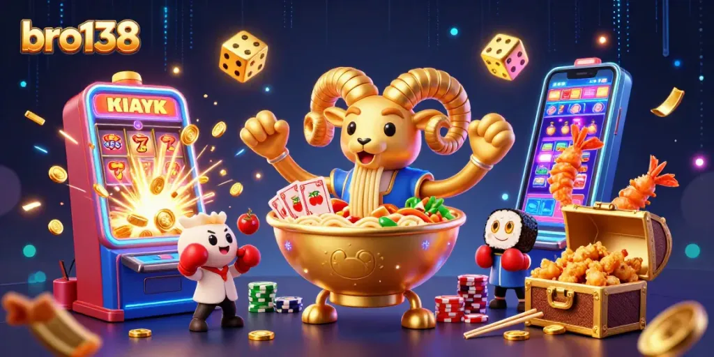 Spin to win with bro138's vibrant slot scene featuring a giant ramen bowl dealer!