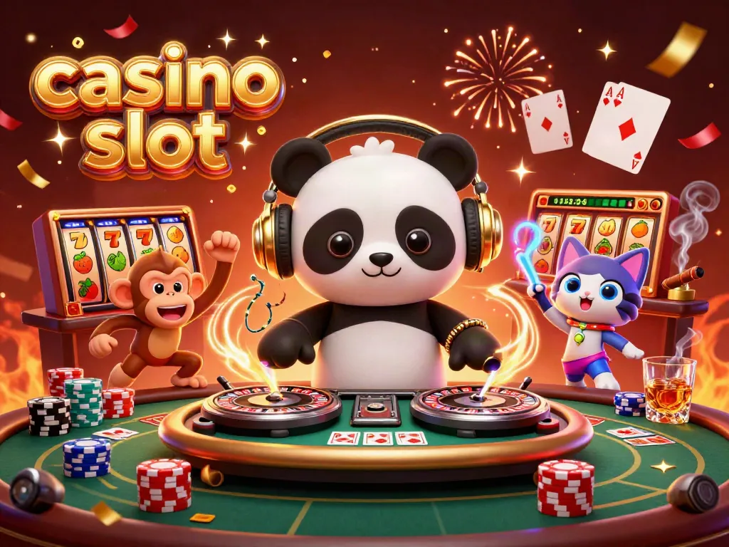Engage with thrilling casino slot gameplay in a vibrant 3D illustration featuring energetic characters.