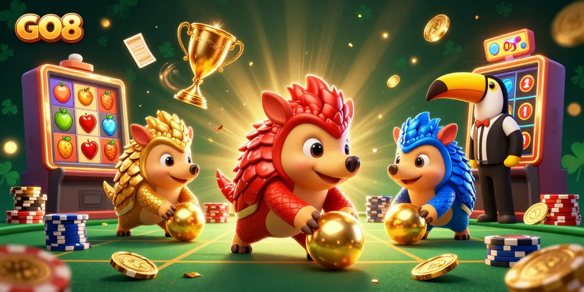 GO8 pangolins rolling through golden balls amidst poker chips in a vibrant 3D casino scene
