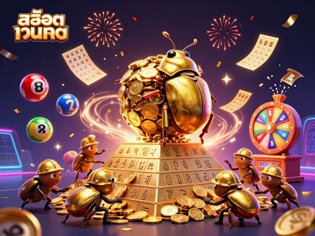 Engage with สล็อตเว็บตรง as golden beetles roll coins on a pyramid, surrounded by vibrant lottery elements.