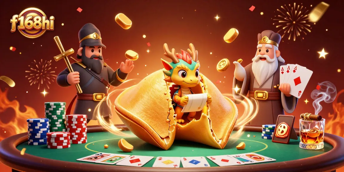 Engage with f168hi’s vibrant casino world featuring a golden fortune cookie and dynamic gambling elements.