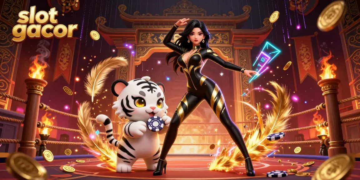 Experience the excitement of slot gacor in an energetic 3D casino illustration featuring dynamic characters.