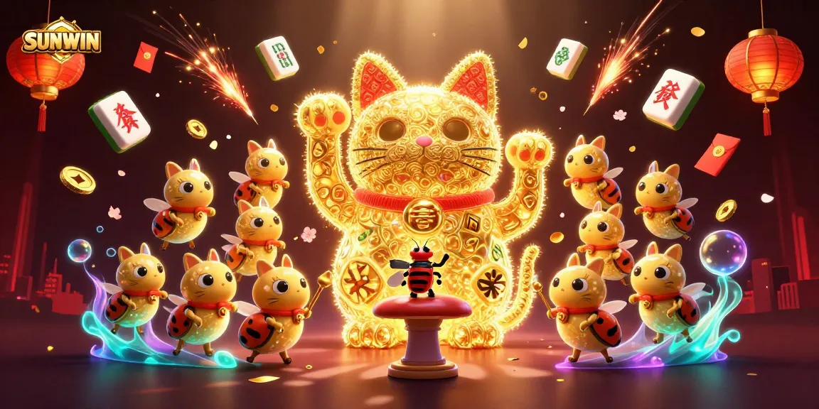 SUNWIN celebrates luck with a giant lucky cat and casino symbols in this vibrant, animated scene.