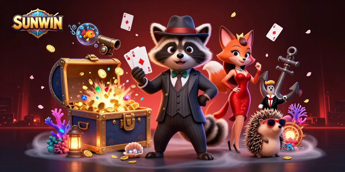SUNWIN engages players with a lively scene featuring a raccoon in a suit, a dazzling fox, and a bouncer amidst treasures and playful casino elements.