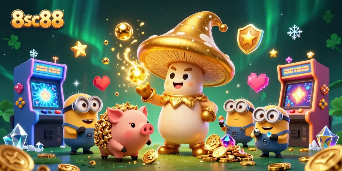 Engage in thrilling gameplay with 8sc88's magical casino adventure showcasing vibrant characters and dazzling golden treasures.