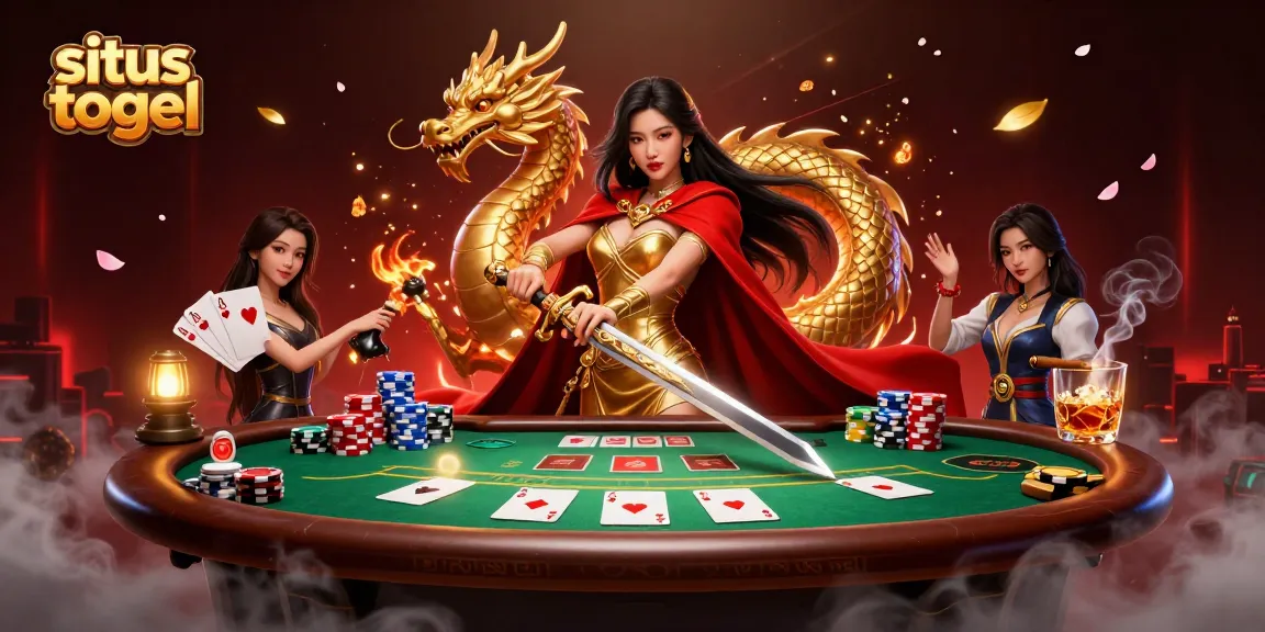 Situs togel illustration featuring an Asian warrior queen with gambling elements, poker chips, and luminous effects.