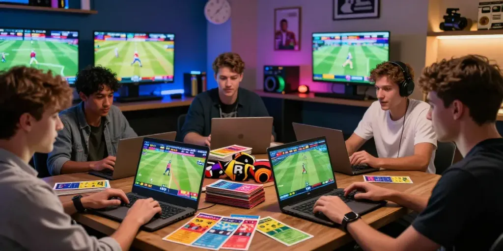 Lotus365 players engaging with live betting on cricket and football in a vibrant gaming room.