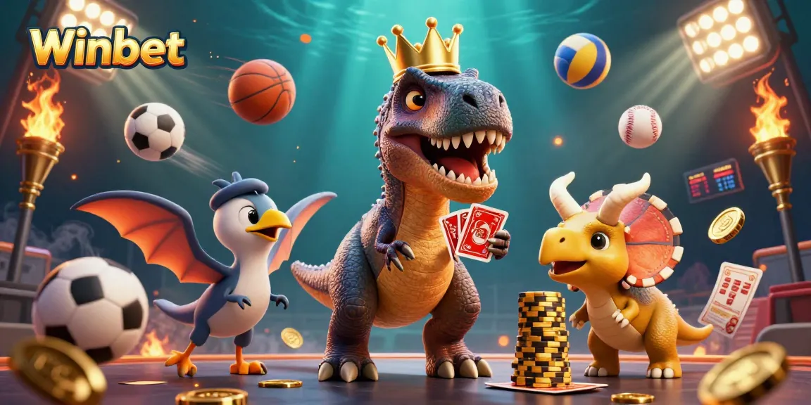 Experience thrilling gaming action with Winbet's unique dinosaur-themed casino illustration showcasing fun characters.