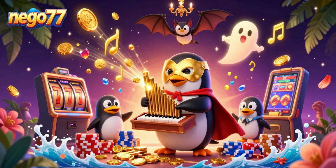 Experience high winnings with nego77's vibrant 3D illustration showing exciting slot action and joyful gameplay.