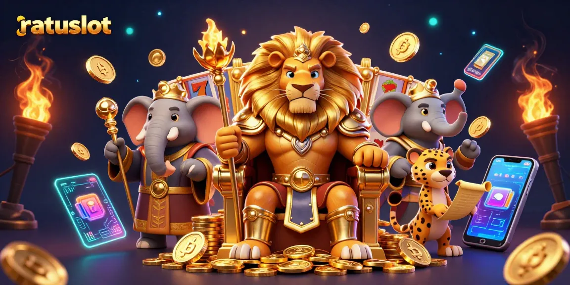 Experience the excitement of ratuslot with a vibrant scene of a lion king, an elephant advisor, and a cheetah in a dynamic casino setting.