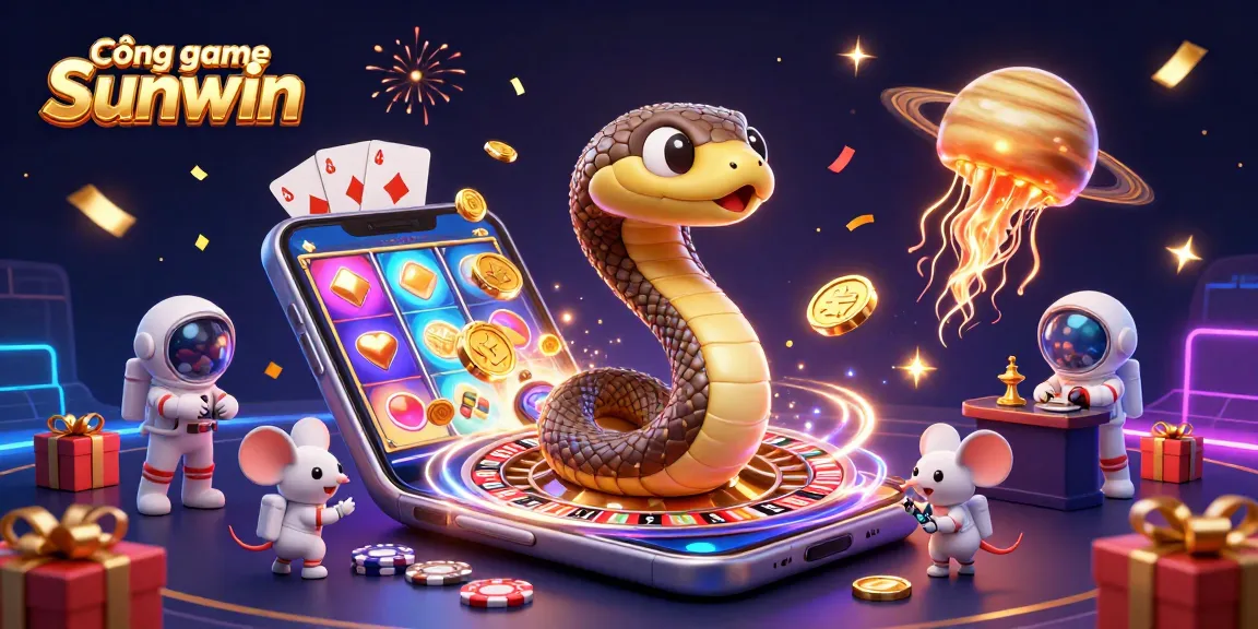 Cổng game Sunwin offers a vibrant 3D illustration with a unique cosmic casino theme featuring game elements.