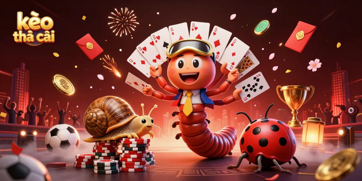 Engaging kèo nhà cái scene with a 3D dealer, a high-roller snail, and a bug - exciting sports betting atmosphere