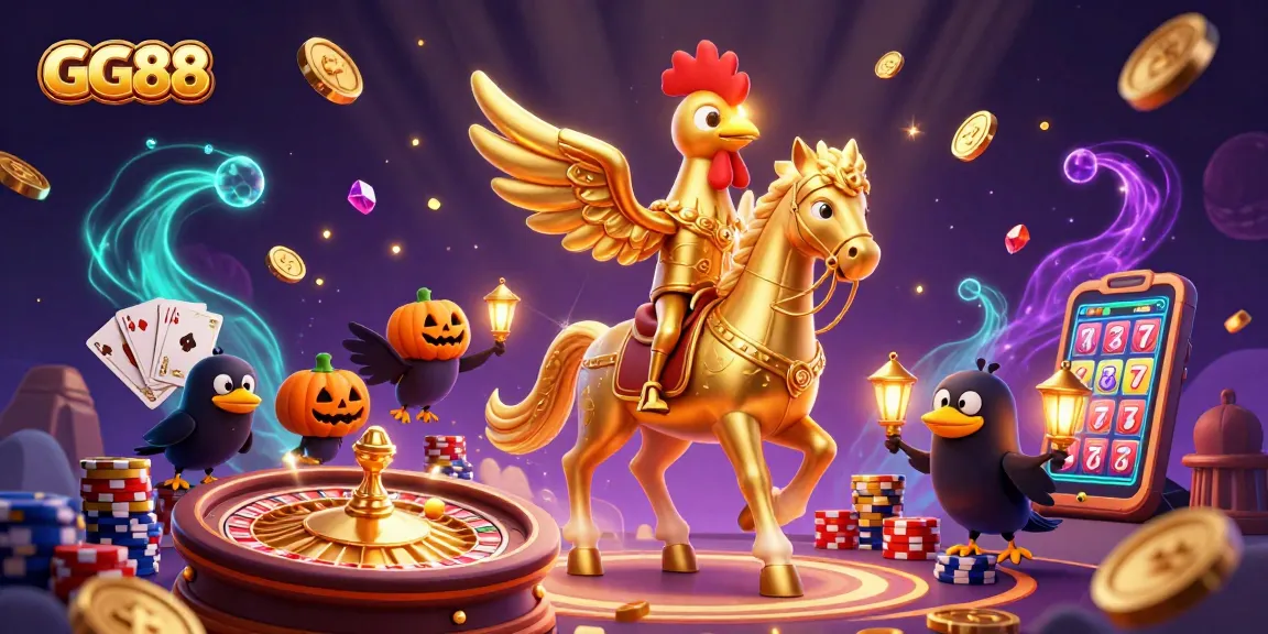 GG88 ignites excitement with a vibrant casino scene filled with golden coins and lively characters.