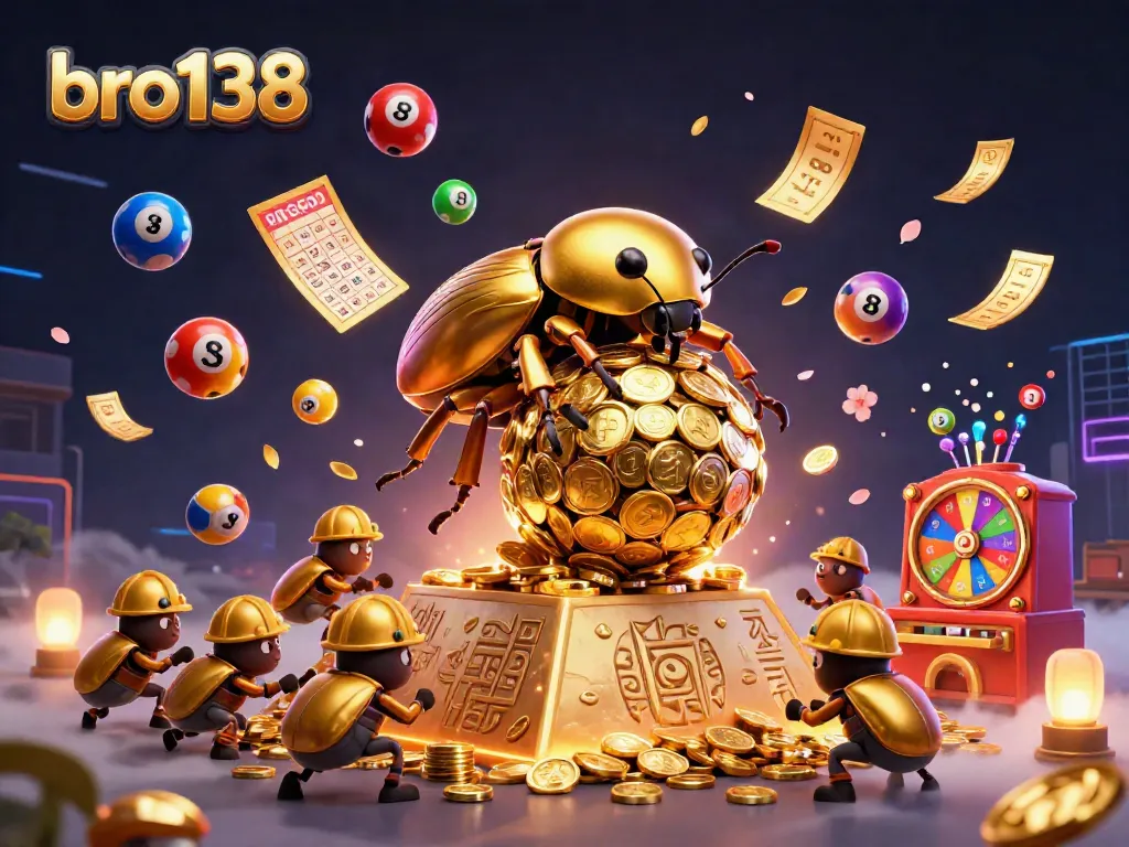 Experience thrilling wins at bro138 with a golden dung beetle rolling coins up a pyramid, surrounded by dynamic gaming elements.