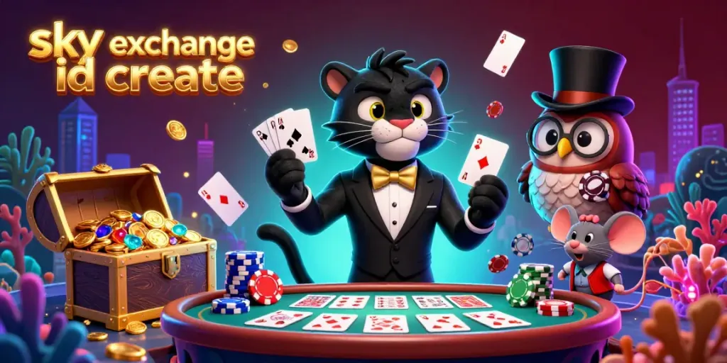 Engage in thrilling betting with Sky Exchange ID create, featuring a stylish black panther and friends in a vibrant casino scene.