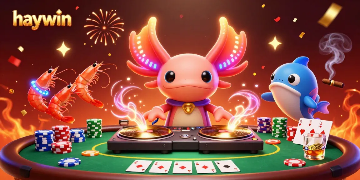 Experience the vibrant world of haywin as colorful axolotls and shrimp bring excitement to a dynamic poker scene.