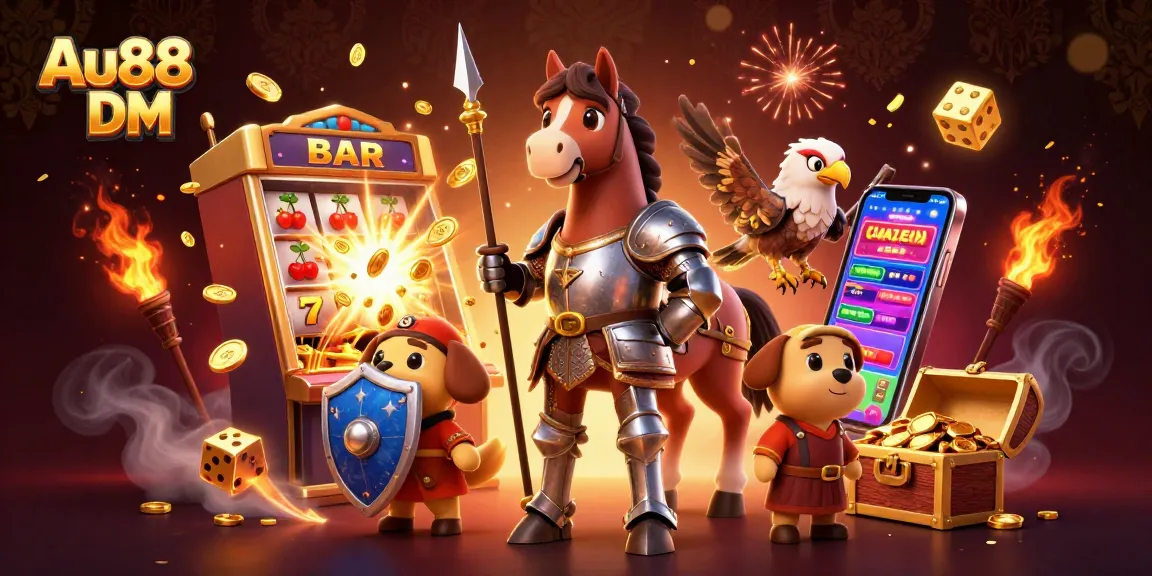 Experience thrilling gameplay at Au88 DM with a vibrant scene of knights, jackpots, and gaming elements.