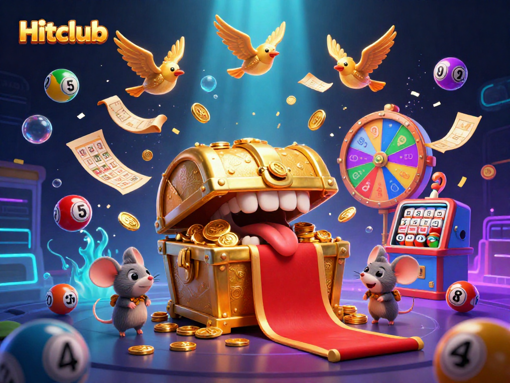 Join the excitement at Hitclub with vibrant lottery balls, a treasure chest, and thrilling prizes!