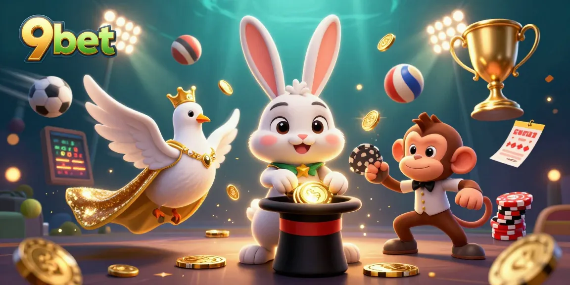 Engage with game fun at 9bet, featuring a magician rabbit, coins, and sports elements.
